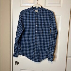 J. Crew Navy and Black Checkered Men's Cotton LS Collarless Button Up Shirt S